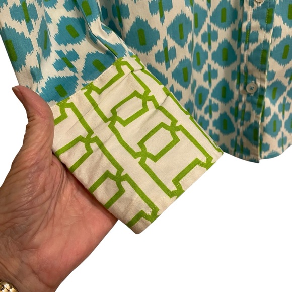 Tizzie Cotton Poplin Ikat Print Turquoise & Chartreuse Button Up Shirt Blouse M - Picture 5 of 8